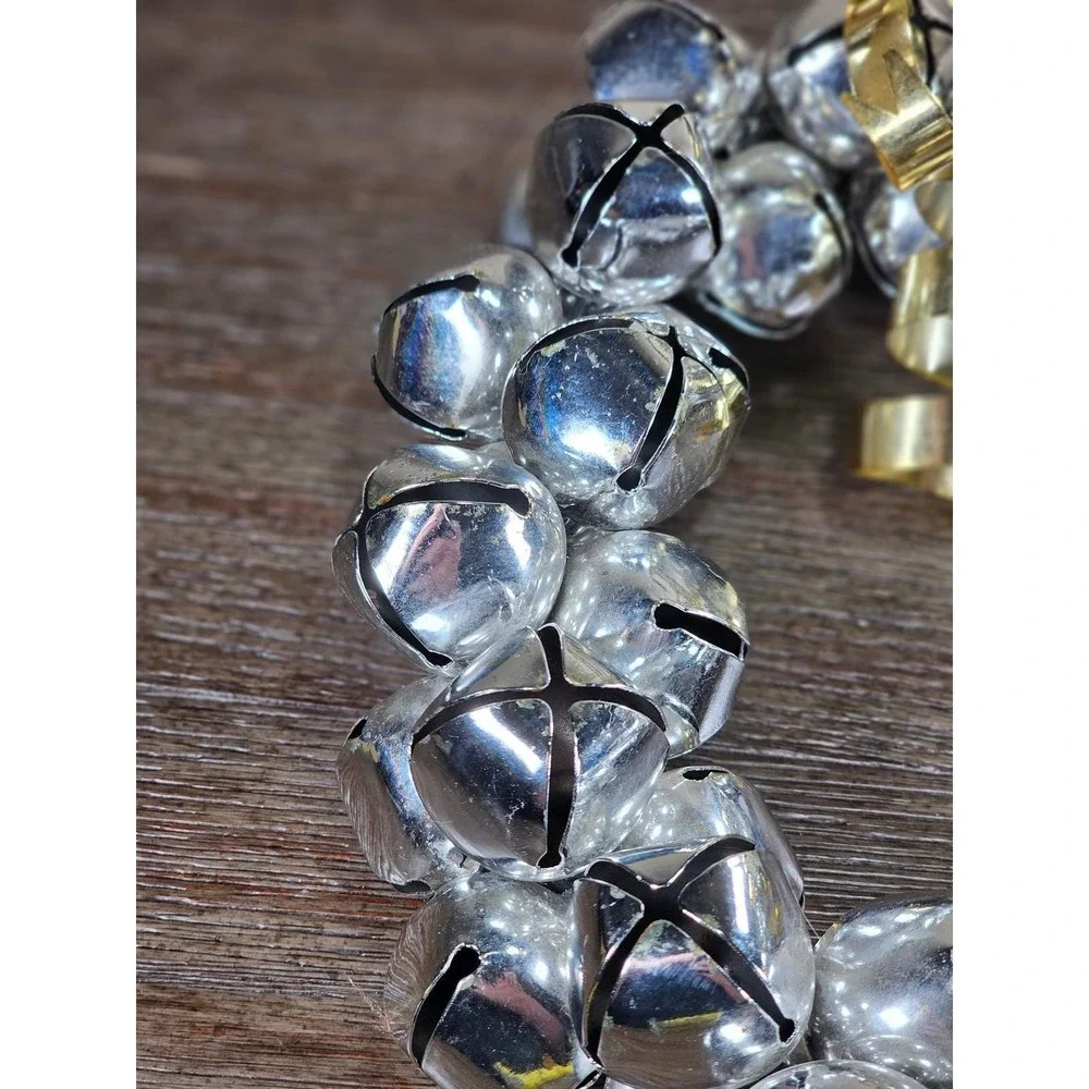 Vintage Silver Jingle Bell Wreath Gold Bow Christmas Door Decor